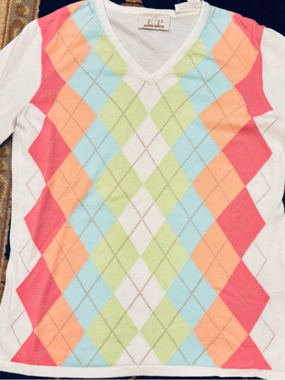 EP Pro White and Colorful Argyle V-Neck Sweater